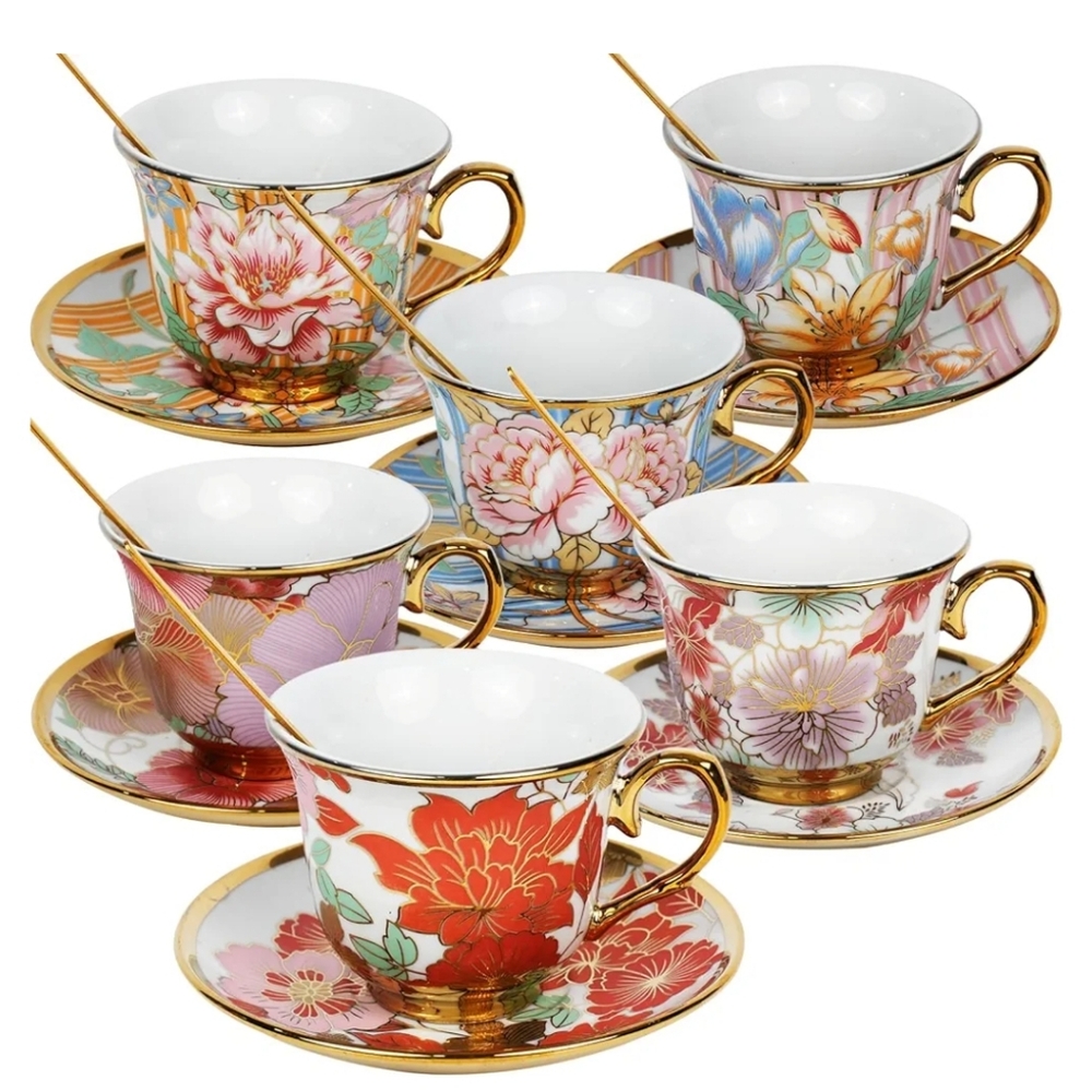 Tea Cups and Saucers Set of 6,‎ 8 oz Ceramic Tea Cups Vintage Floral NIB